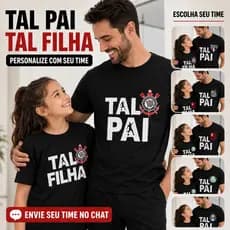 Camisetas Pai e Filha Tal Pai Tal Filha Esporte Futebol Kit Preto Escolha o Escudo do Seu Time