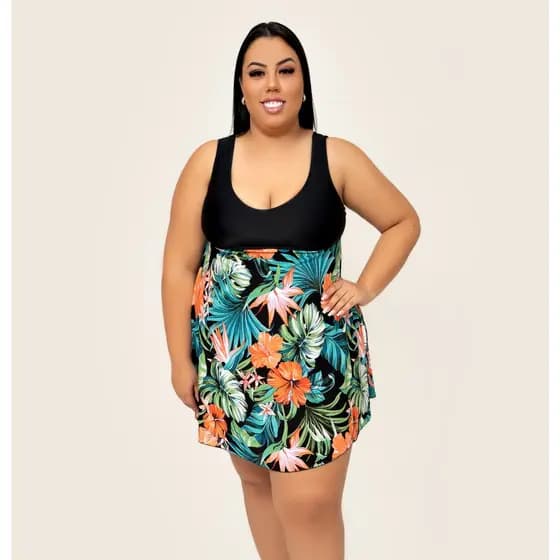 Maio De Vestido Plus Size 2 Em 1 - Tamanhos 54 56 58 60 62 64 Com Costas Fechadas Forrado