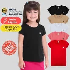 Kit 5 Camiseta Infantil Menina Blusa Manga Curta Verão 100% Algodão Básica Coraçãozinho Minimalista