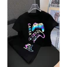 Conjunto Infantil Masculino Gamer Camiseta e Short Estampado Controle Colorido Neon