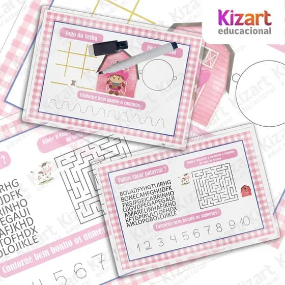Lousa Quadro Atividades + Caneta Com Apagador Lembrancinha Festa Infantil Tema Fazendinha Rosa