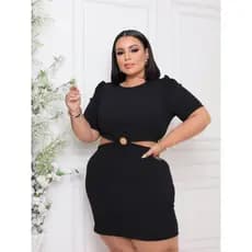 Vestido Curto Plus Size Feminino Canelado com Argola na Cintura e Manga Bufante