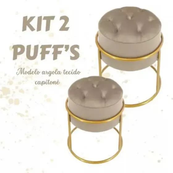 Kit 2 Puffs Argola Capitone Luxo Banqueta Base em Metal Banco para Penteadeira Dourado  Veludo