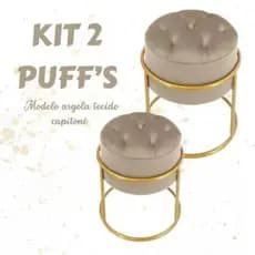 Kit 2 Puffs Argola Capitone Luxo Banqueta Base em Metal Banco para Penteadeira Dourado  Veludo