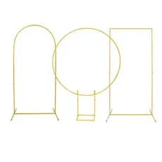 Kit 3 Arcos de Festa Suportes para Decoração Eventos Painel Romano + Redondo + Retangular Desmontavel 2x1 Dourado