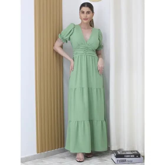 Vestido Feminina Longo Tecido Poliéster de Manga Curta com Bojo - Xinnix 8445