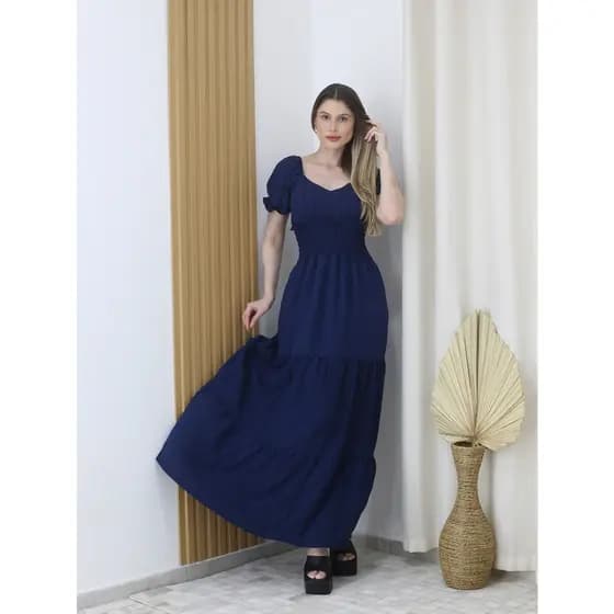 Vestido Longo Feminina De Manga Curta C/Bojo Três Marias - Xinnix 8410
