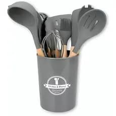 CINZA - Conjunto de Utensílios de Cozinha 12Pçs - Silicone e Cabo de Madeira