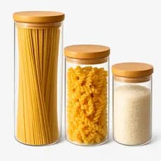 Kit 3 Potes Herméticos com Tampa de Bambu para Cozinha Mantimentos Alimentos