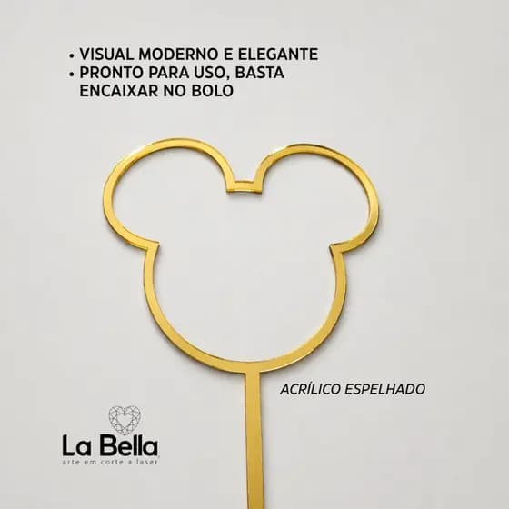 Topo de Bolo Mickey Acrílico Espelhado Cores 10cm Decoração Festa Infantil Luxo