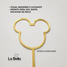 Topo de Bolo Mickey Acrílico Espelhado Cores 10cm Decoração Festa Infantil Luxo
