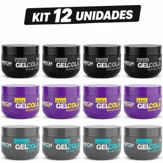 Kit 12x Gel Cola Incolor, Cera ou Black Sem Álcool Modela e Fixa Penteados Match Formen 300g