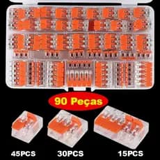 Kit 90 Peças Conector Elétrico Emenda 2, 3 e 5 vias Conectores De Porcas De Fio De Alavanca