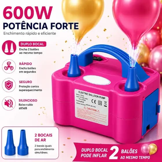 220V Inflador Elétrico Portátil de Balões 600W com 2 Bicos para Decoração de Festas