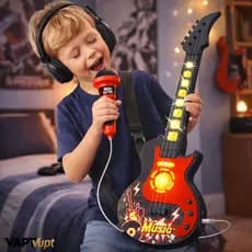 Guitarra Infantil com Microfone LED Som Real Conecta Celular Brinquedo Musical