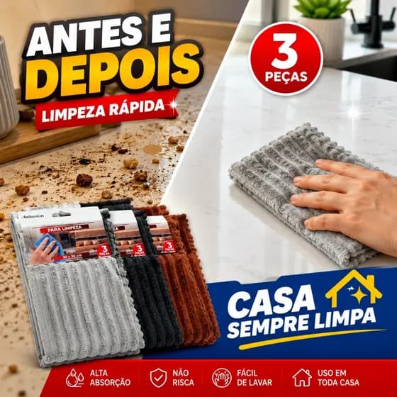 Pano de Limpeza 30x30 Kit 3 Panos de Limpeza Pano Multiuso para Cozinha Casa Banheiro