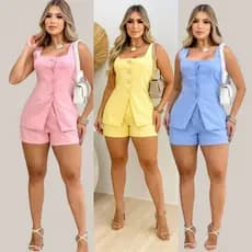 Conjunto Short e Colete Alfaiataria Moda Feminina Look Completo Tendência