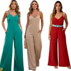Macacão Feminino Branco Decote V com Bolsos Alça Regulável Tecido Duna Elegante Moda Verão