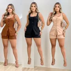 Conjunto Feminino Short e Colete Alfaiataria Moda Verão Casual Tendencia Look Para Trabalhar