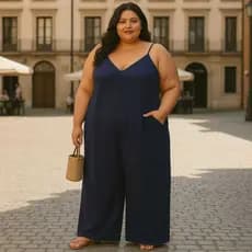 Macacão Feminino Longo Plus Size com Bolso Alça Ajustável Tecido Leve P ao G2
