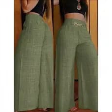 Calça Pantalona De Linho Com Cinto Fake e Cintura Alta e Bolsos
