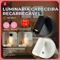 Arandela Spot Luminária Cabeceira Recarregável Led Redonda 3W com 3 Tons de Luz Bivolt