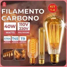 Lâmpada Filamento Carbono ST64 T45 T9 40W Luz Quente Âmbar E27 110V ou 220V