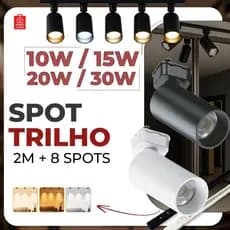 2M Trilho + 8 Spot LED 30W 20W 15W 10W Eletrificado + Trilho Tubinho Preto e Branco Bivolt