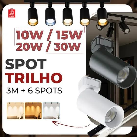 3M Trilho + 6 Spot LED 30W 20W 15W 10W Eletrificado + Trilho Tubinho Preto e Branco Bivolt