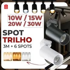 3M Trilho + 6 Spot LED 30W 20W 15W 10W Eletrificado + Trilho Tubinho Preto e Branco Bivolt
