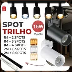 Trilho Spot LED para trilho eletrificado + Trilho + Conector Tubinho Preto e Branco 15W Bivolt