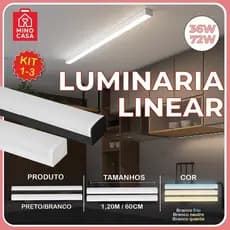Luminária Linear Inteligente 72W 36W Preto ou Branco 120CM 60CM 3 Tons de Luz Bivolt