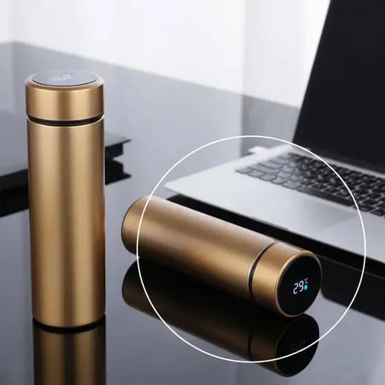 Garrafa LED Térmica Com Sensor De Temperatura- DOURADA