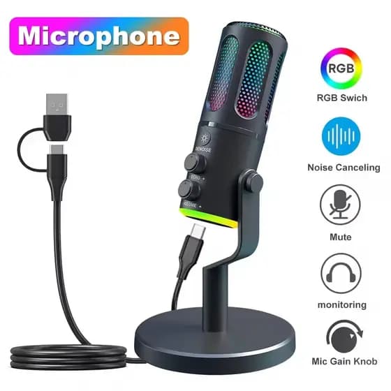 Microfone Gamer Condensador RGB USB para PC Celular PS4 Jogos Streaming Gravação YouTube