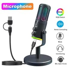 Microfone Gamer Condensador RGB USB para PC Celular PS4 Jogos Streaming Gravação YouTube