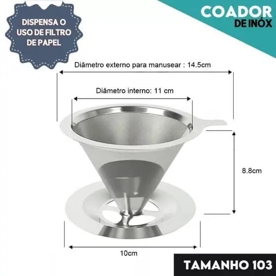 Filtro Coador Inox Reutilizável - 103 Premium | Dispensa Papel | Café Mais Forte e Sustentável