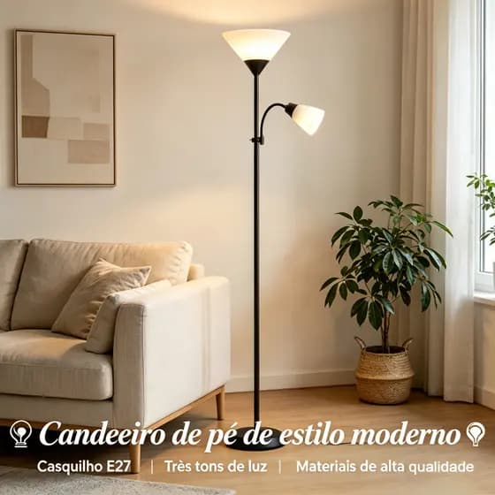 Candeeiro de Pé Moderno com 2 Luzes Casquilho 3 Tons de Luz Bivolt Ideal para Sala e Quarto