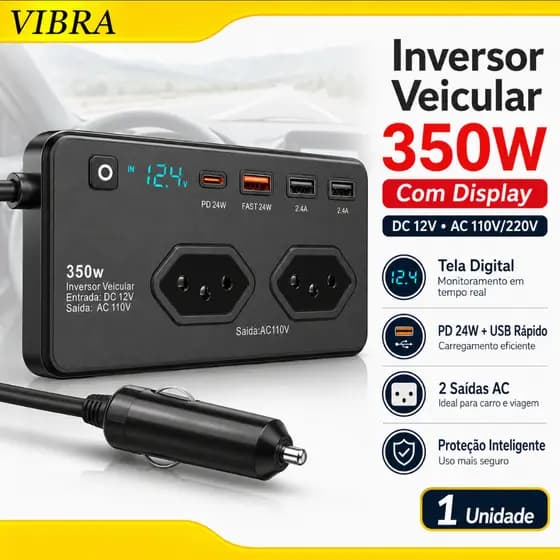 Inverter Converter 350W  12v/24v To 110v/220v Socket + 4 Usb 5v 1.2a 4 Portas USB 5V 1.2A