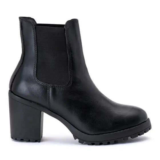 Bota Feminina Couro Preto Cano Curto Chelsea Salto Bloco Tratorada Confortável