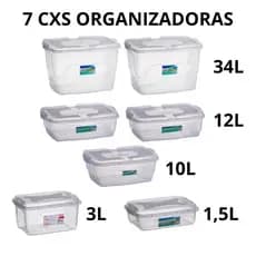 Kit 7 Caixas Organizadoras Multiuso c/ Trava | Tamanhos 34L 12L 10L 3L 1,5L p/ Casa Escritório
