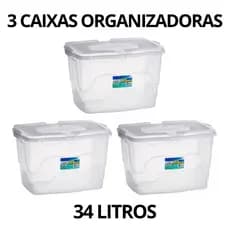 Kit 3 Caixas Organizadoras 34L Transparente, Empilhável e Versátil p/ Qualquer Ambiente
