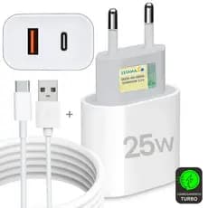 Carregador Tipo C 25W Super Turbo Fonte 2 Entradas USB e USB-C + Cabo Usb-C Rápido Samsung, Motorola, Xiaomi,Iphone