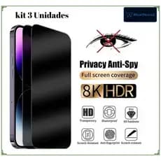 KIT 3 Película de Privacidade de Vidro 3D Anti-Espião para Iphone Todos Modelos  11 12 13 14 15 16 17 17Pro 17Pro Max