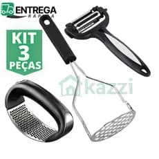 Kit 3 Utensílios para Cozinha Inox Triturador de Alho Descascador de Legumes 3/1 Amassador de Batata
