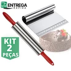 Kit 2 Peças Rolo de Massa Pizza Pão Pastel Inox 37,5cm + Espátula Raspadora Inox Cabo Tubular
