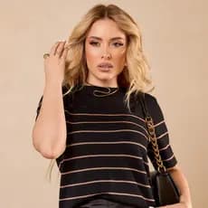 Blusa Feminina Listrada Tricô Tricot Manga Curta Casual Fresquinha em Viscose qualidade Premium