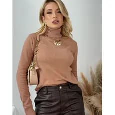 Blusa Cacharrel Feminina em Lã Malha Tricô Blusinha de Frio Gola Alta Cor Bege