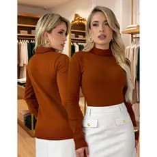 Blusa Cacharrel Feminina em Lã Malha Tricô Blusinha de Frio Gola Alta Cor Ferrugem