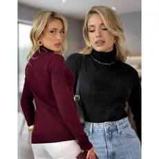 Kit 2 Blusa Cacharrel Feminina Manga Longa Tricô Gola Alta