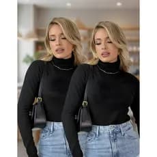 Blusa Cacharrel Feminina em Lã Malha Tricô Blusinha de Frio Gola Alta Cor Preta